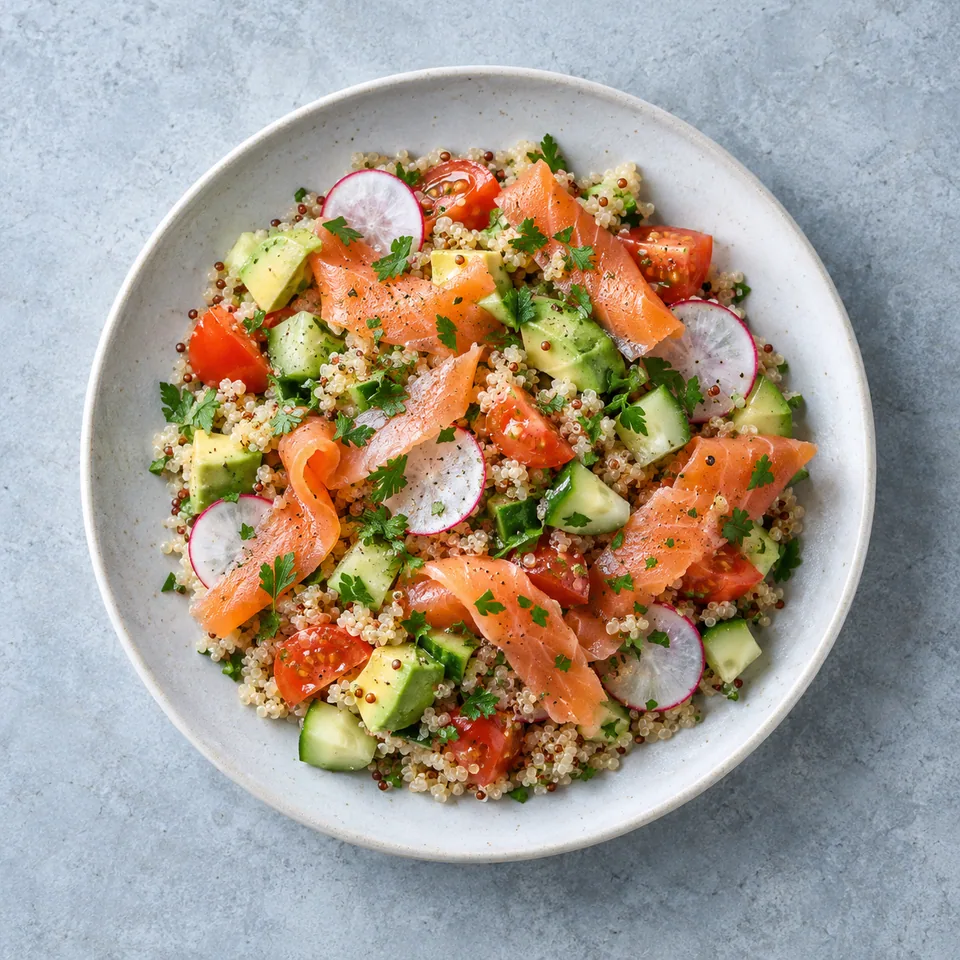 Salade de quinoa au saumon fumé avec crudités en dés, radis en rondelles, avocat et persil.
