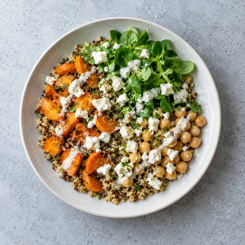 Salade de quinoa avec carottes dorées, pois chiches, mâche, feta émiettée et sauce blanche citronnée.