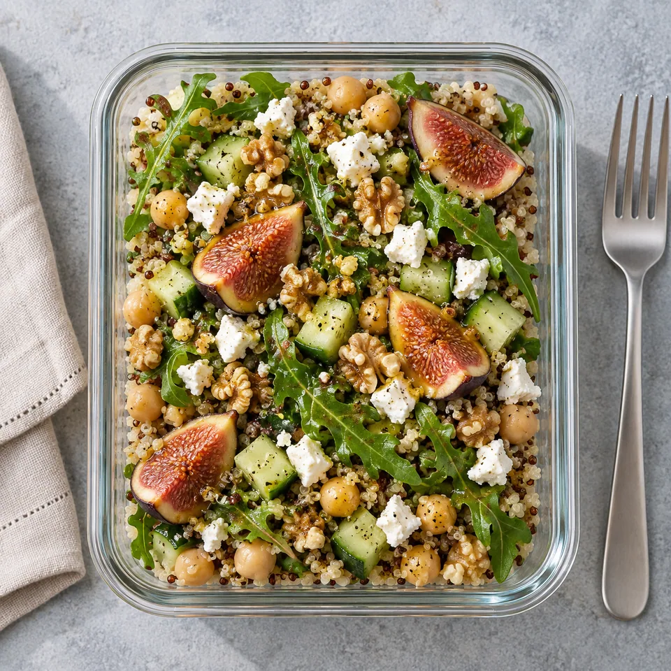 Salade de quinoa aux figues, feta et noix dans une boîte en verre, vue de dessus.