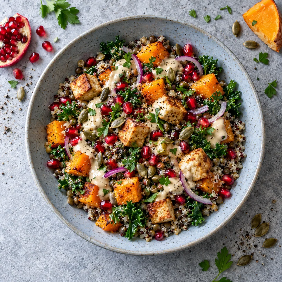 Salade de quinoa, courge rôtie et grenade dans une assiette creuse en grès bleu-gris pâle.
