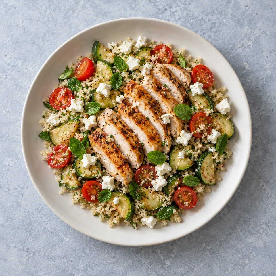 Salade de quinoa, poulet et feta : grains clairs, tomates rouges, courgette verte, menthe et lanières grillées sous la feta émiettée.