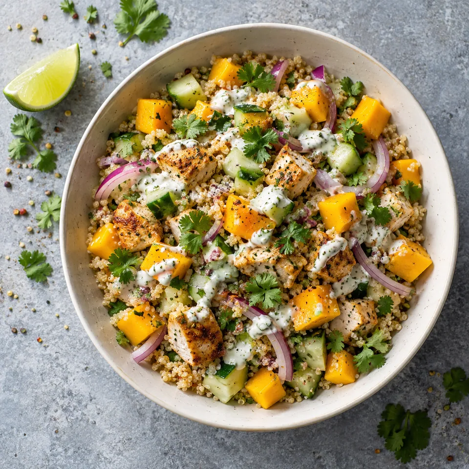 Salade de quinoa, poulet, mangue et citron vert dans un bol blanc, avec sauce crémeuse.