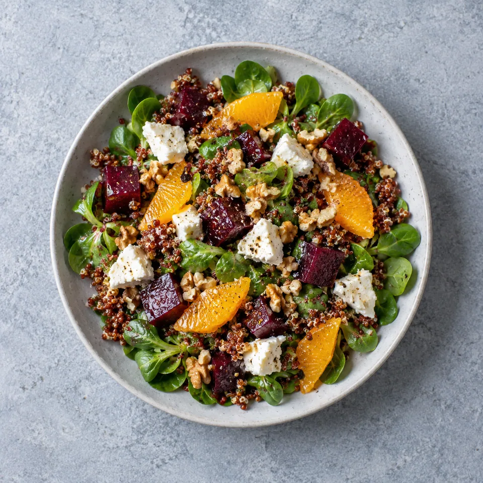 Salade de quinoa rouge, betterave et chèvre avec mâche, orange, fromage de chèvre et noix concassées.
