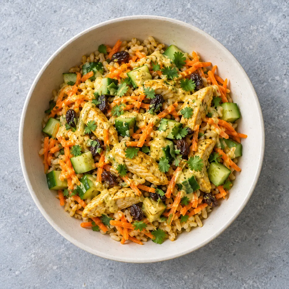 Salade de riz au poulet curry en bol, avec lanières de poulet, concombre en dés, carottes râpées, raisins et sauce jaune pâle.