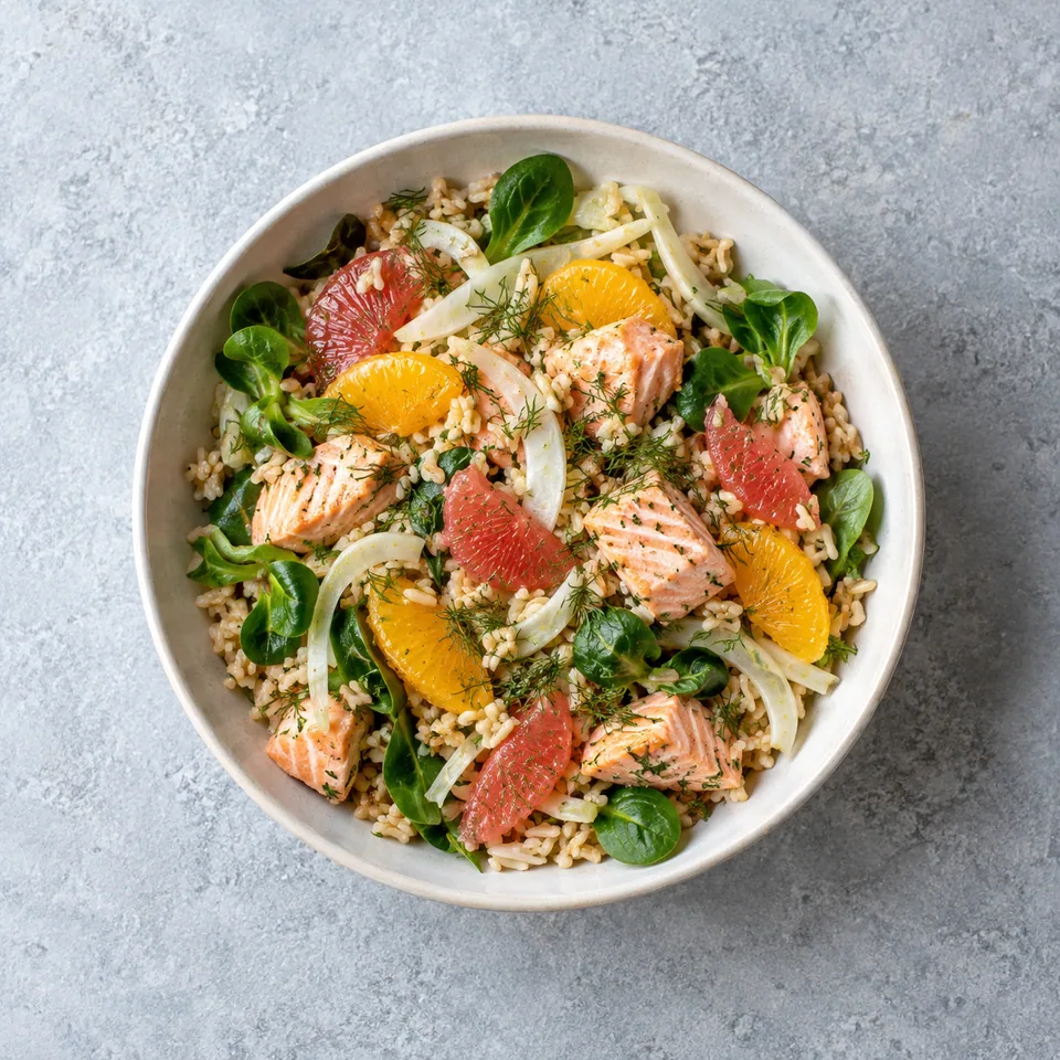 Salade de riz au saumon et agrumes : bol de riz brun, saumon émietté, mâche, fenouil émincé, orange, pamplemousse et aneth.