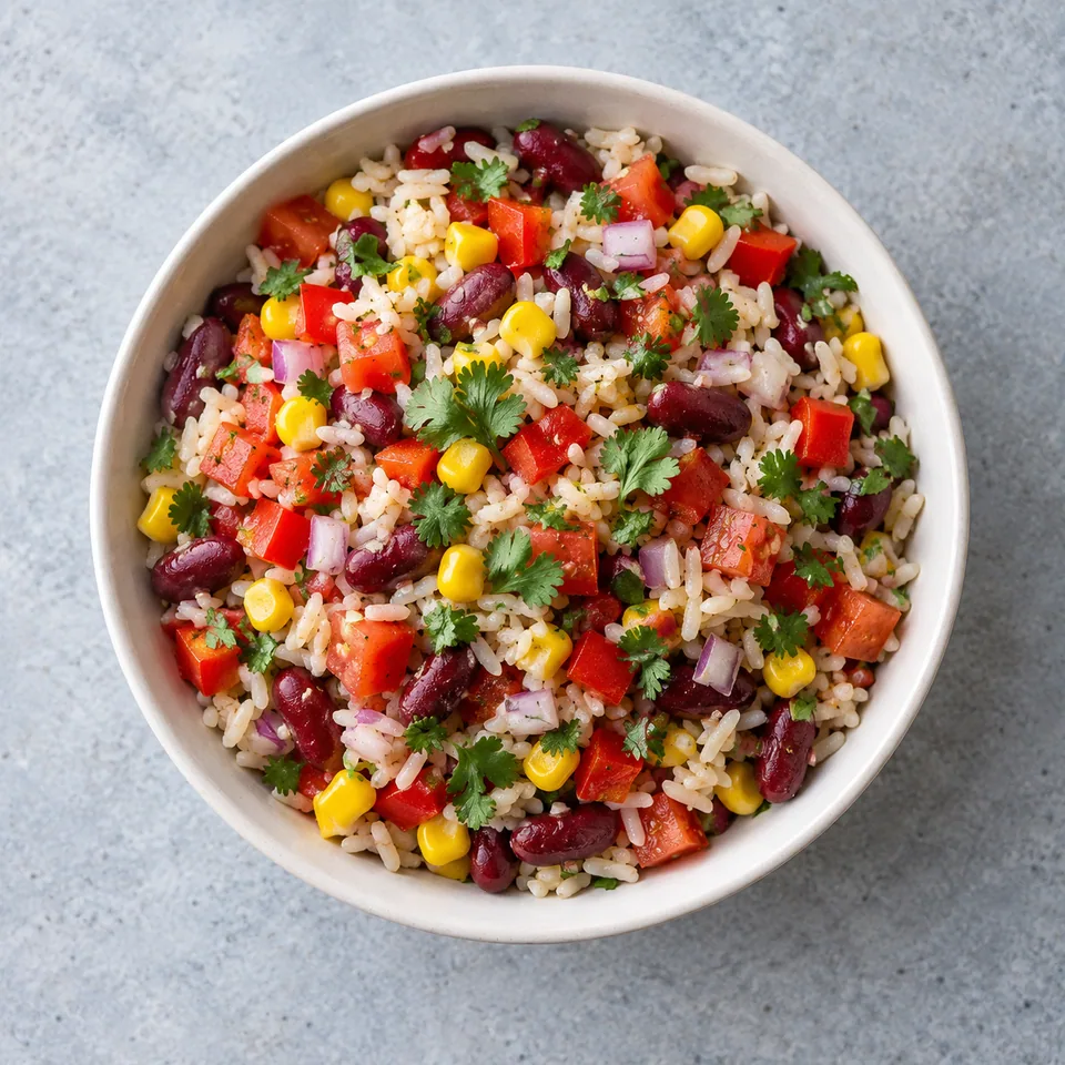 Salade de haricots rouges au riz dans un bol, avec maïs, dés de tomates et poivron, oignon rouge et coriandre.