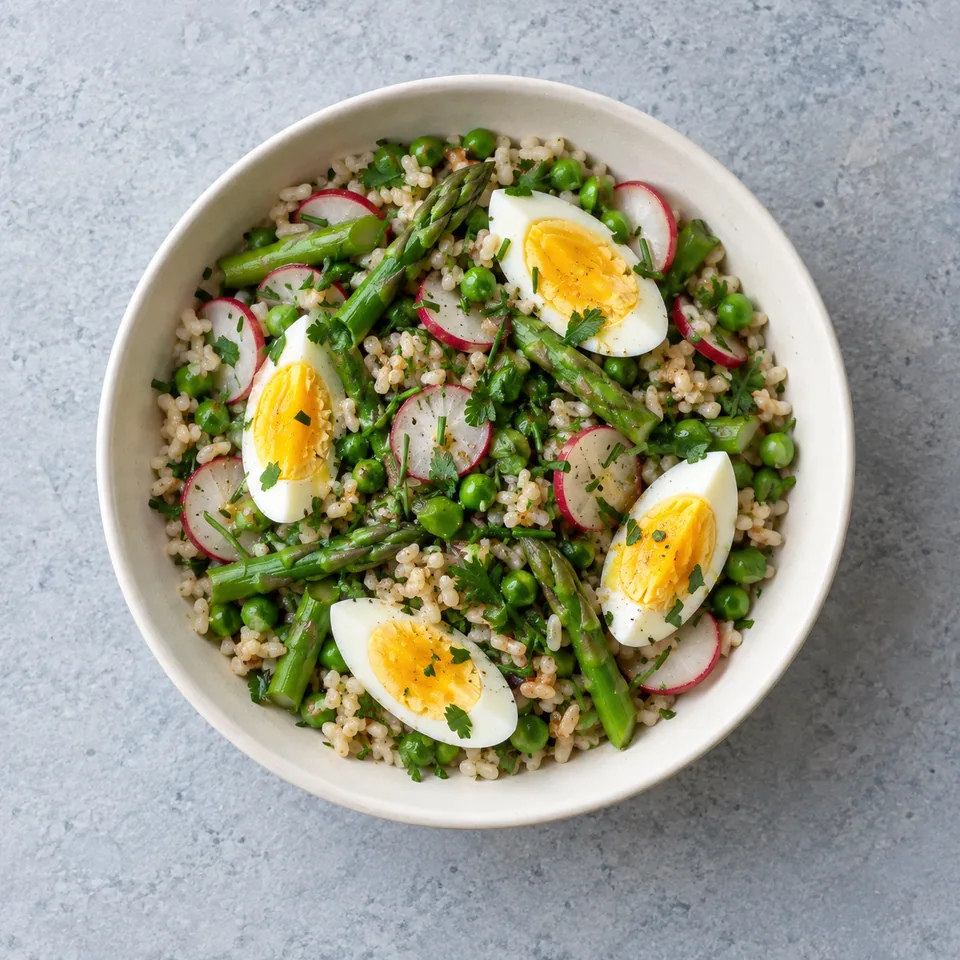 Salade de riz complet aux œufs en bol, avec asperges vertes, petits pois, radis rouges et blancs, herbes et quartiers d’œuf dur.