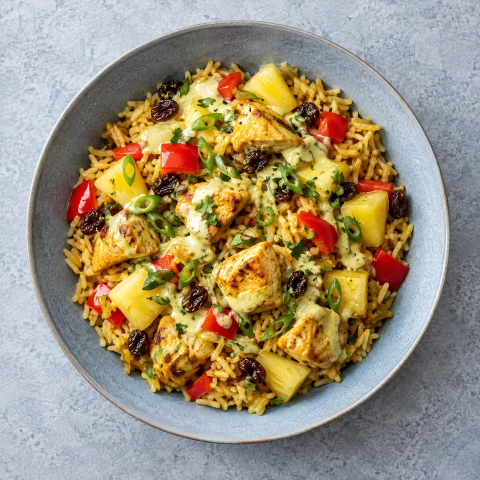 Assiette creuse de salade de riz créole au poulet, ananas, poivron et raisins secs, nappée de sauce yaourt curry.