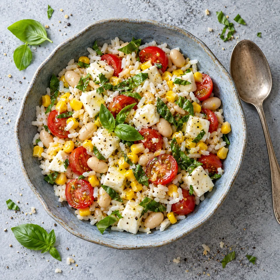 Salade de riz, maïs, tomates et mozzarella au basilic dans un bol en grès bleu-gris aux bords irréguliers.