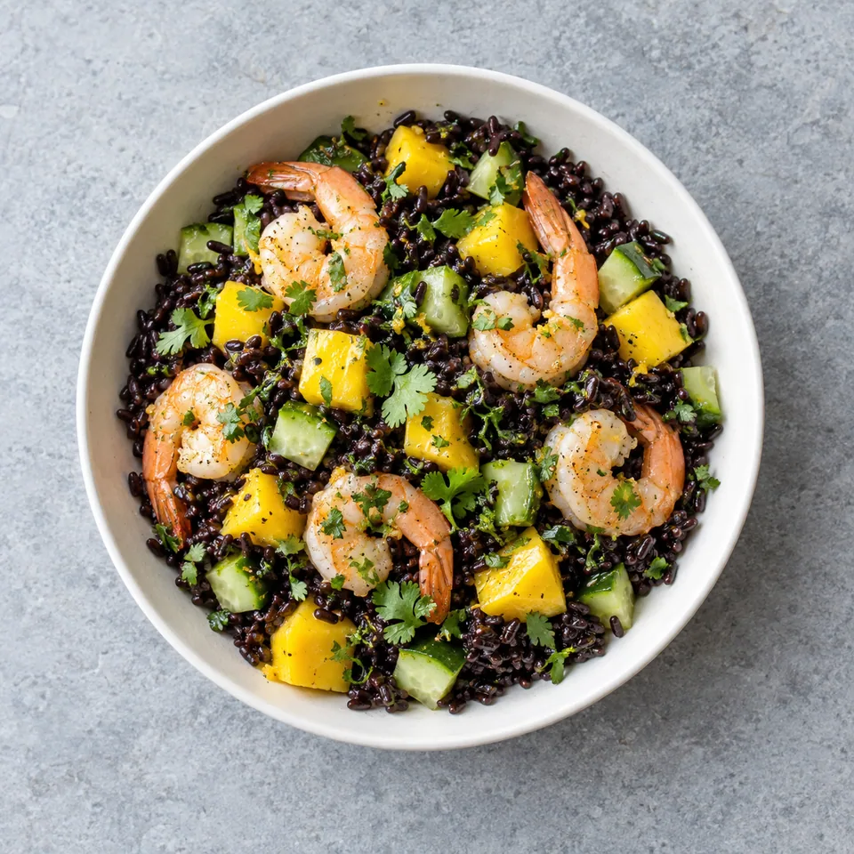 Salade de riz noir aux crevettes et à la mangue, avec dés de mangue et concombre, crevettes et coriandre dans un bol.