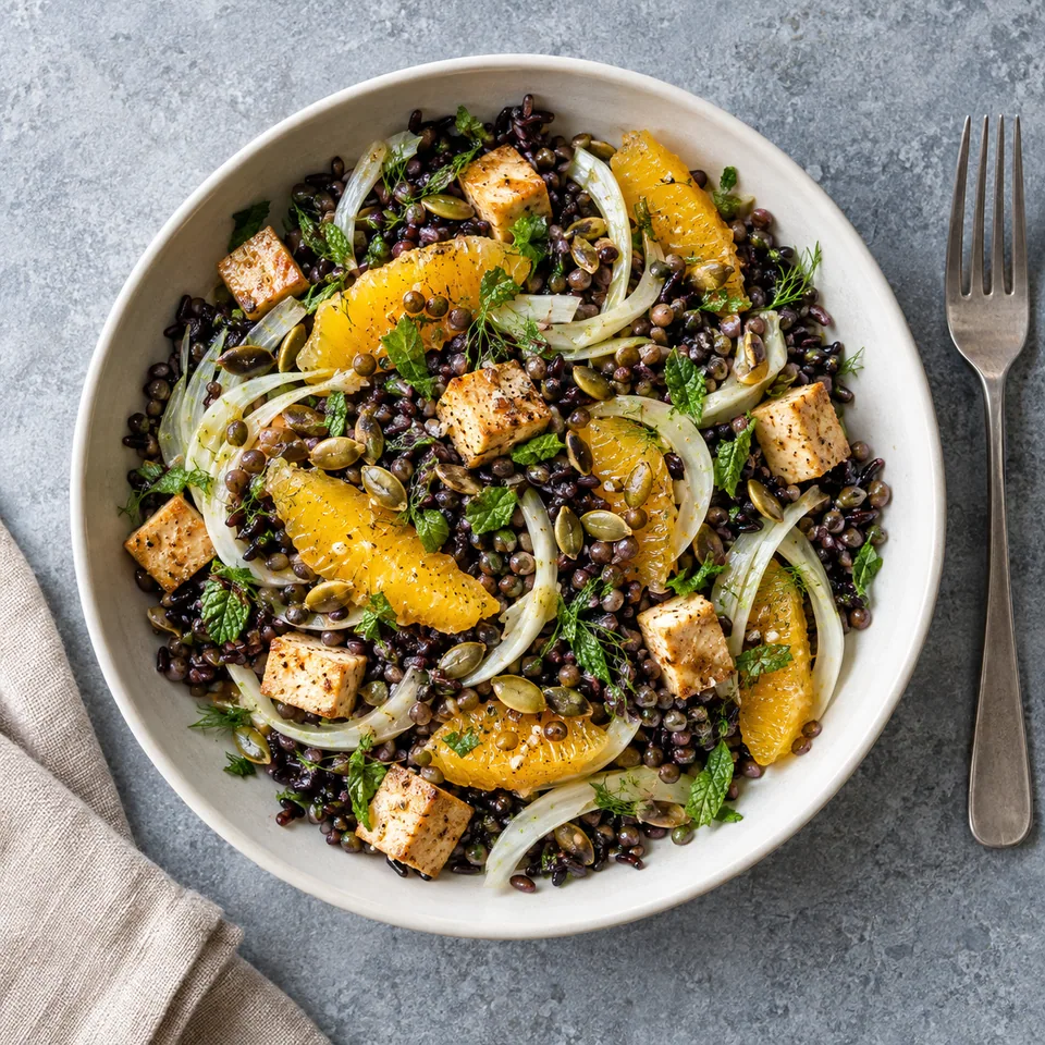 Salade de riz noir, lentilles et orange dans un bol blanc cassé, garnie de tofu, fenouil, orange et graines de courge.