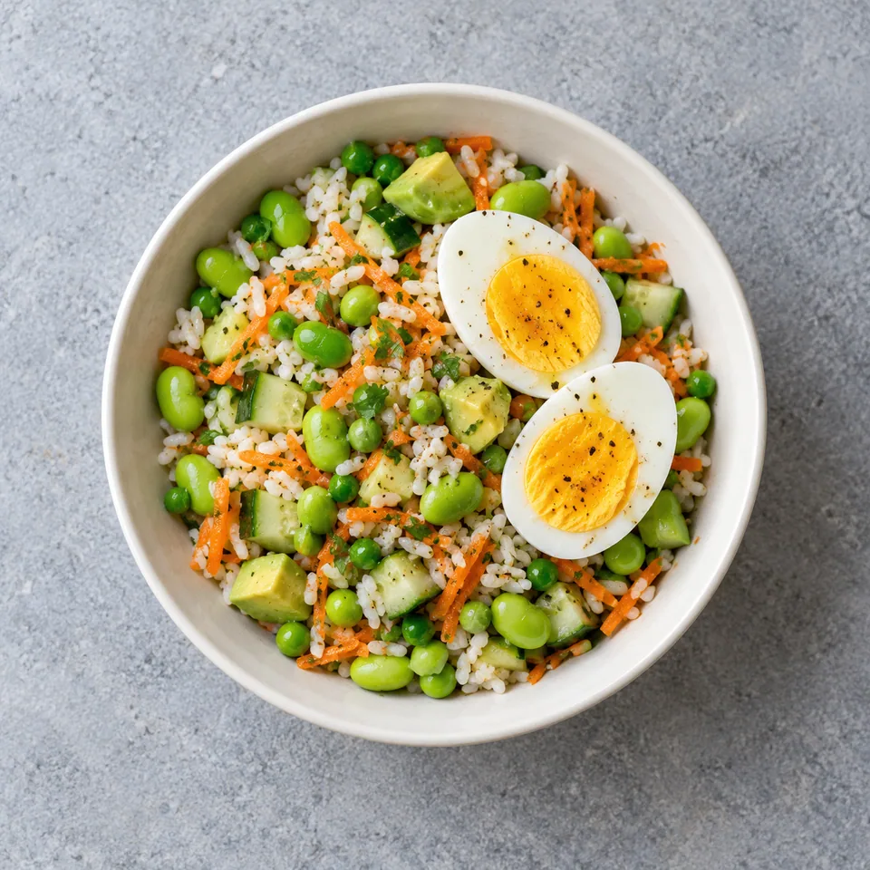 Salade de riz, œufs et fèves de soja : bol de légumes verts, carotte râpée et riz, garni de deux moitiés d’œuf dur.