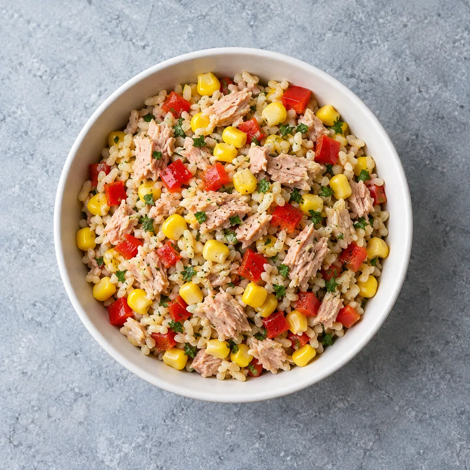 Salade de riz, thon et maïs : riz complet, thon émietté, maïs jaune et dés de poivron rouge en vinaigrette.