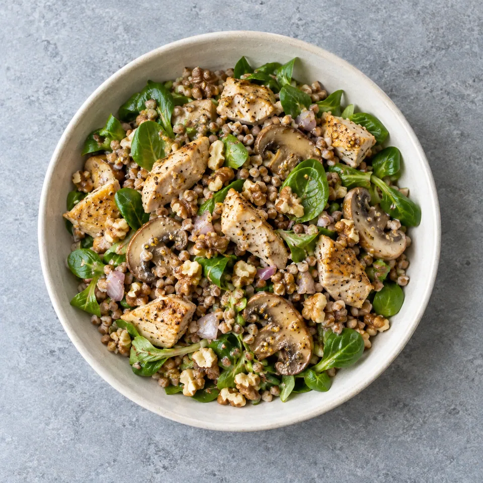 Salade de sarrasin au poulet : grains de sarrasin, poulet doré, champignons, mâche verte et noix concassées dans un bol.