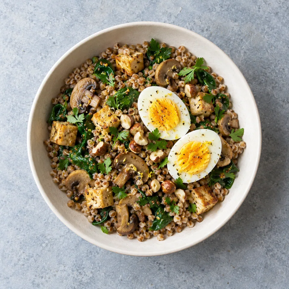Salade de sarrasin : sarrasin, tofu doré, champignons, épinards, demi-œuf dur et noisettes dans un bol.