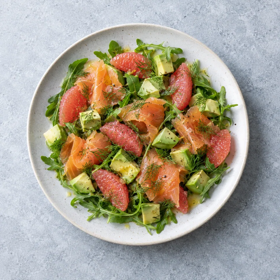 Salade de saumon fumé, avocat et agrumes : roquette, saumon, dés d’avocat, quartiers de pamplemousse et aneth.