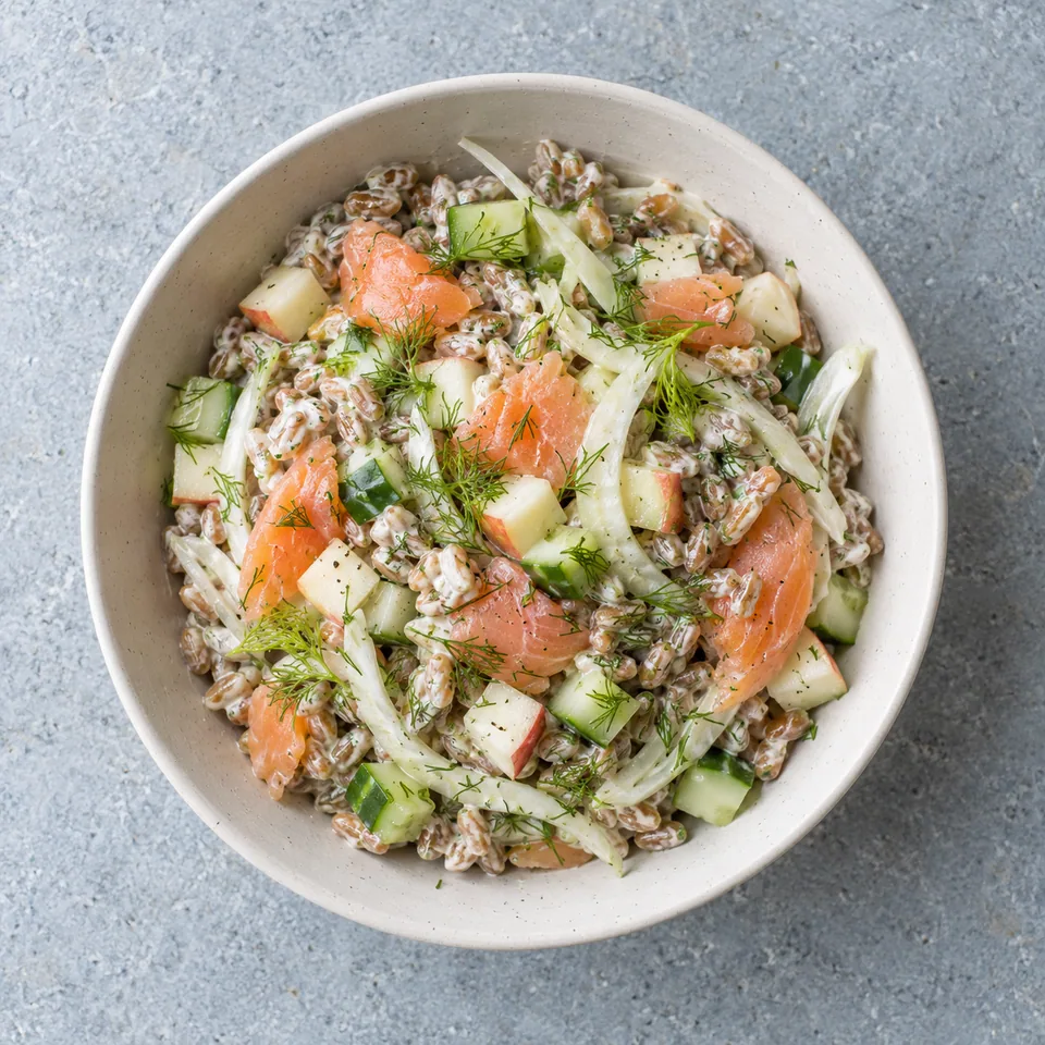 Salade de seigle à la truite fumée en bol, avec concombre, pomme, fenouil, sauce crémeuse et aneth.