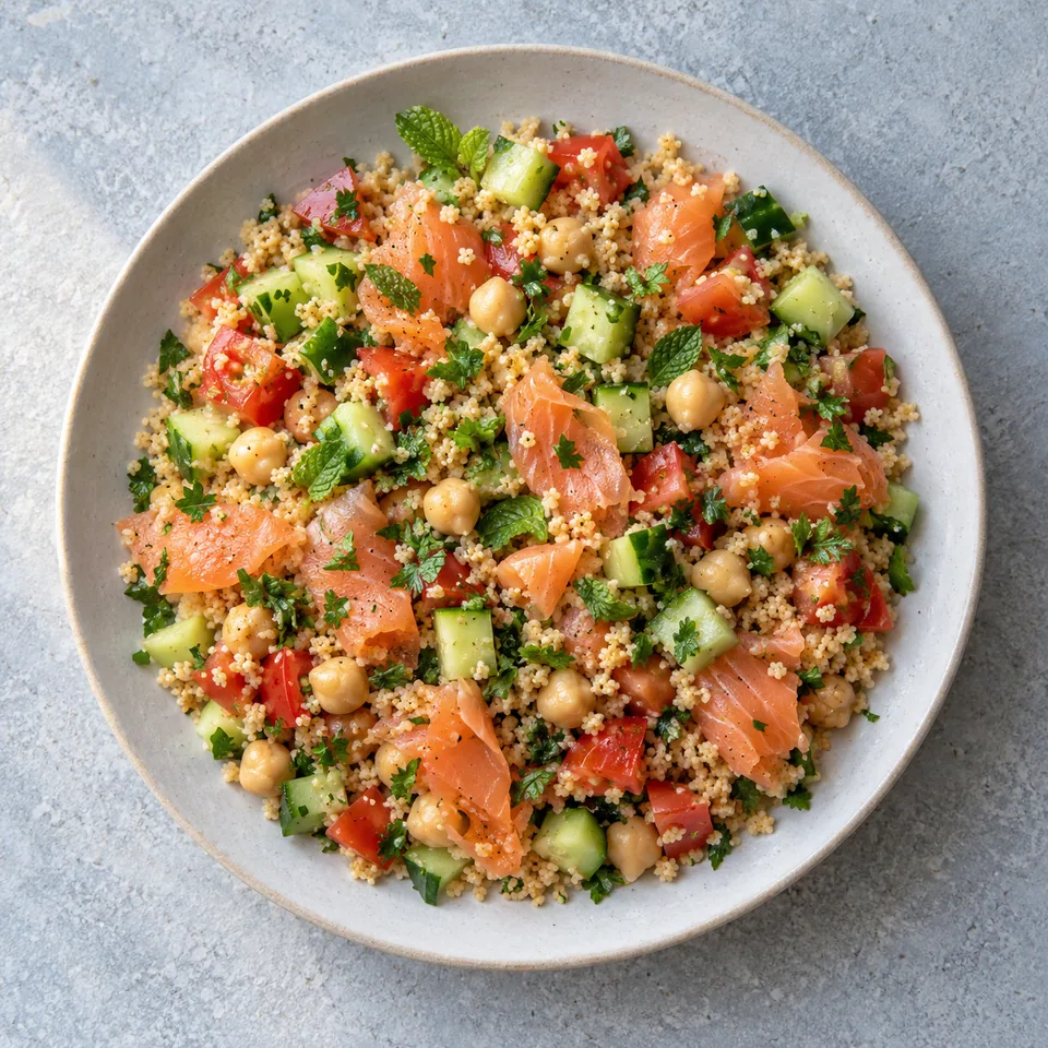 Salade de semoule au saumon fumé : grains dorés, pois chiches, dés de concombre et de tomate, saumon rose et herbes ciselées.