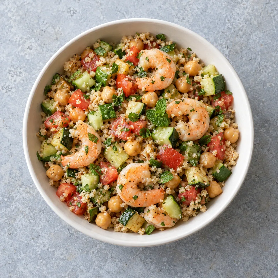 Salade de semoule aux crevettes : bol de grains bruns, crevettes roses, pois chiches, dés de légumes rouges et verts, menthe.