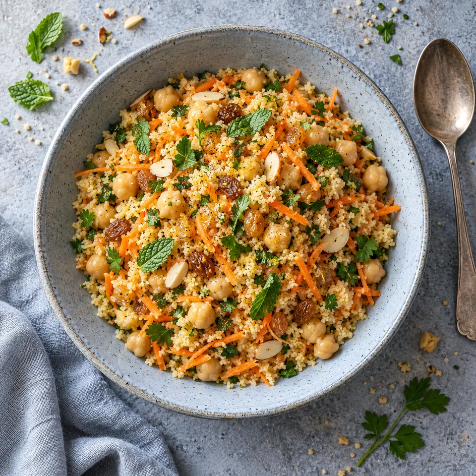 Salade de semoule et pois chiches à la marocaine dans une assiette creuse bleu-gris, avec carottes râpées et pois chiches.