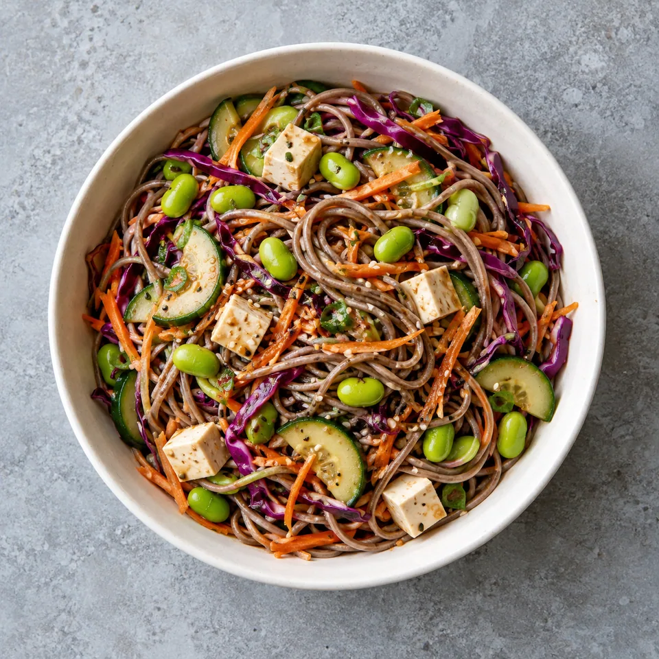 Salade de soba, edamame et crudités : un bol de nouilles, tofu en dés, concombre, carotte râpée et chou rouge émincé.