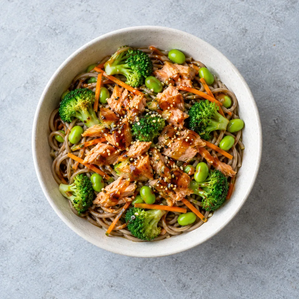 Salade de soba, saumon et brocoli : nouilles, légumes colorés et saumon émietté nappés de sauce et garnis de sésame.