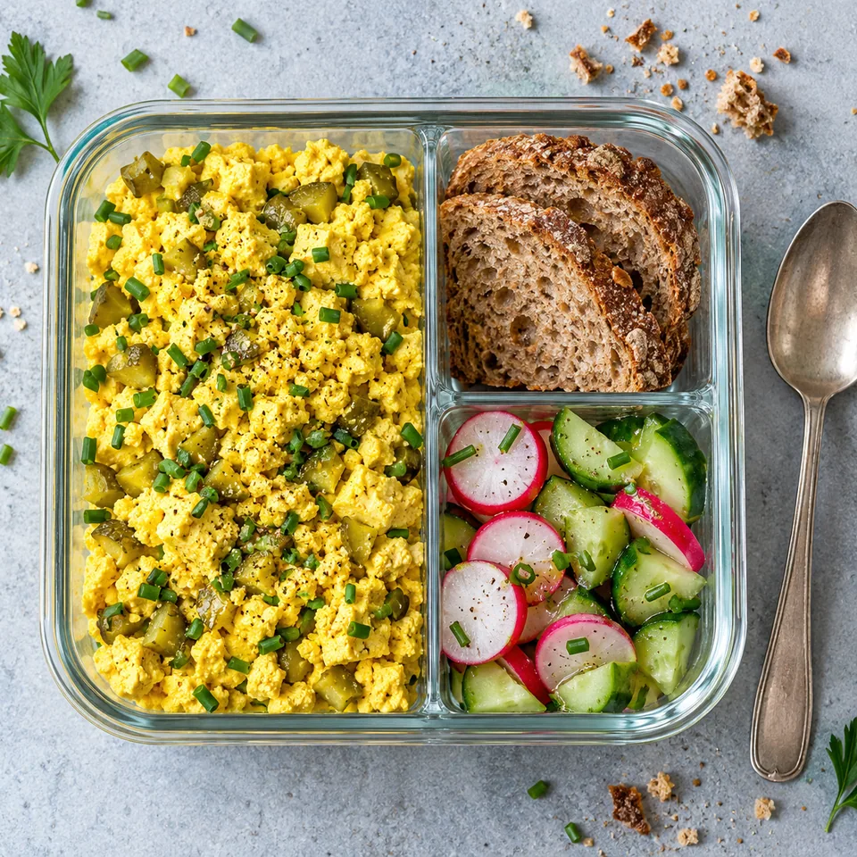 Salade de tofu façon mimosa au curcuma dans une boîte repas en verre, accompagnée de pain complet et de crudités.