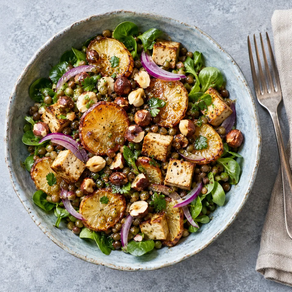 Salade de topinambours rôtis, tofu et noisettes servie dans un bol en grès bleu-gris aux bords irréguliers, vue de dessus.