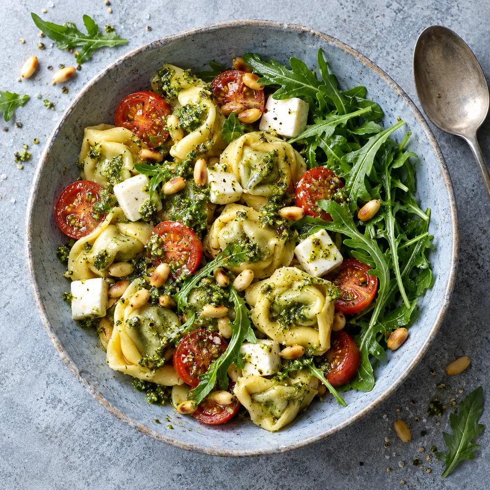 Salade de tortellinis, tomates cerises, roquette et pesto dans un bol en grès bleu-gris.