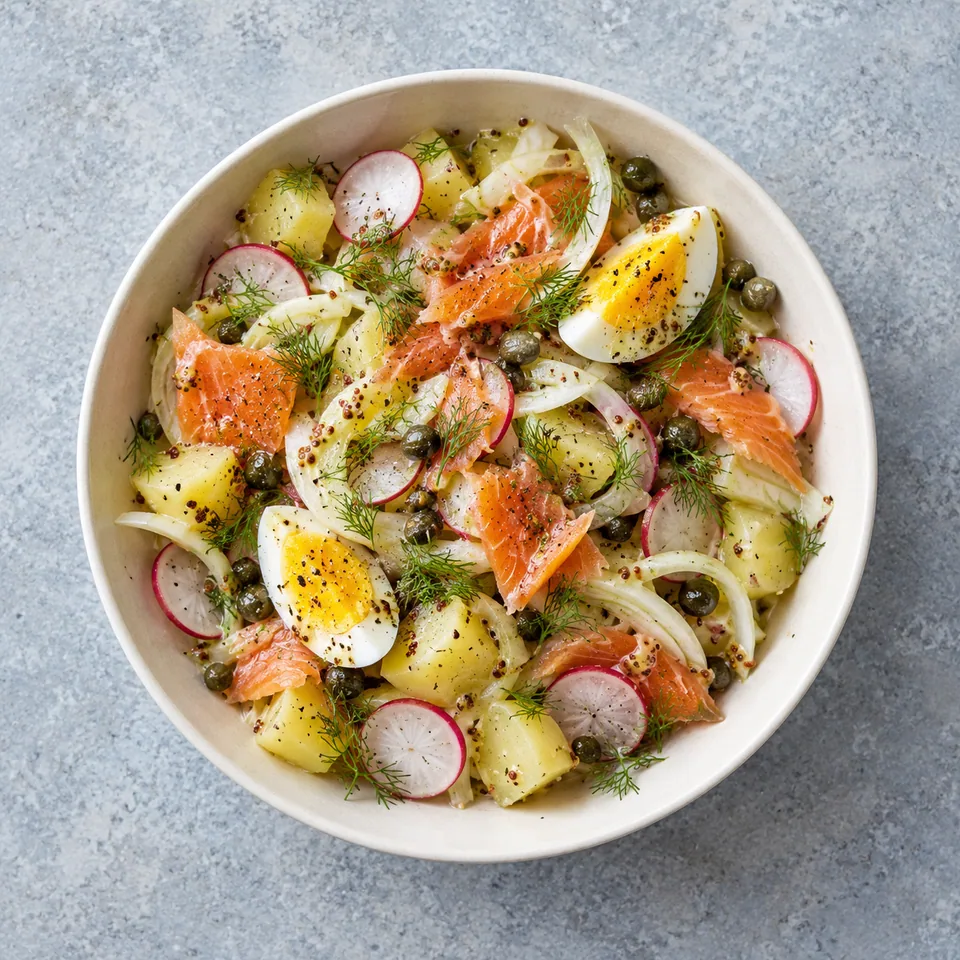 Salade de truite, pommes de terre et câpres en bol, avec radis, fenouil, œuf dur, aneth et câpres.