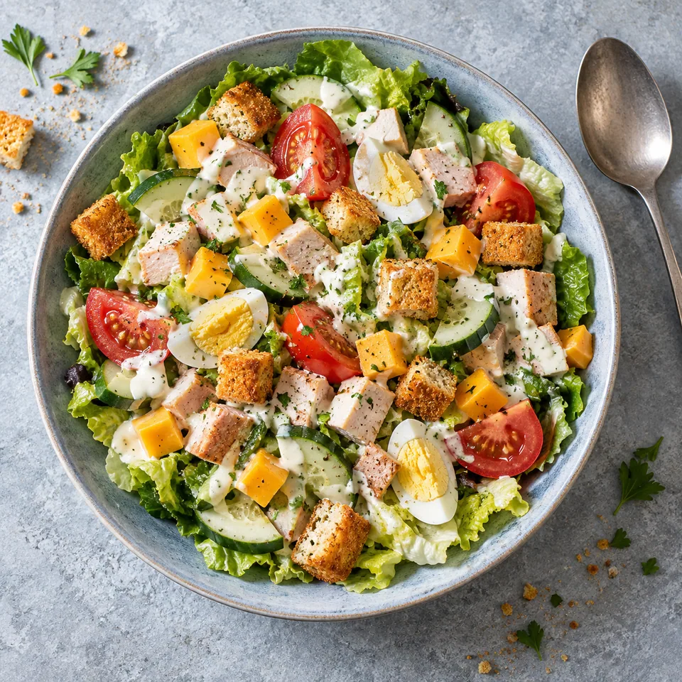 Salade du chef à la dinde et au cheddar dans une assiette creuse bleu-gris, avec légumes frais, dinde, œufs durs et croûtons dorés.