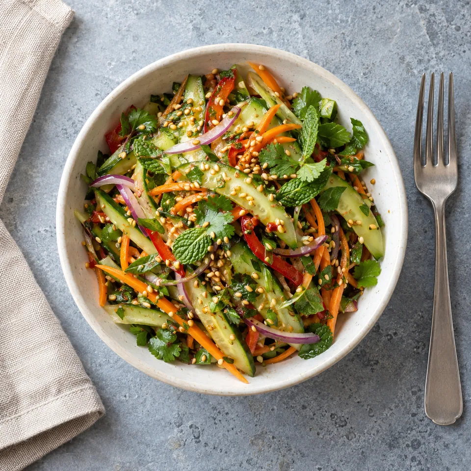 Salade du tigre aux herbes dans un petit bol blanc cassé, avec concombre, coriandre et graines de sésame.