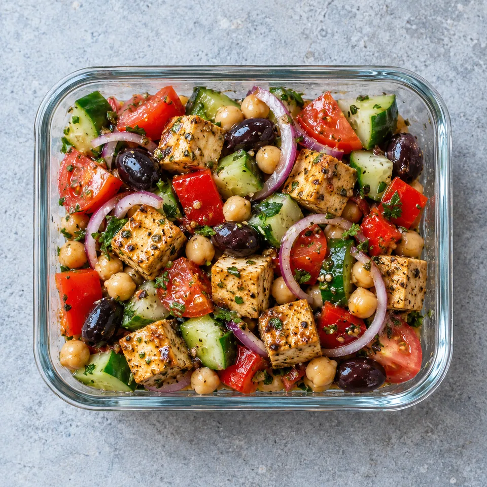 Salade grecque au tofu mariné et pois chiches dans un contenant en verre, colorée et fraîche.