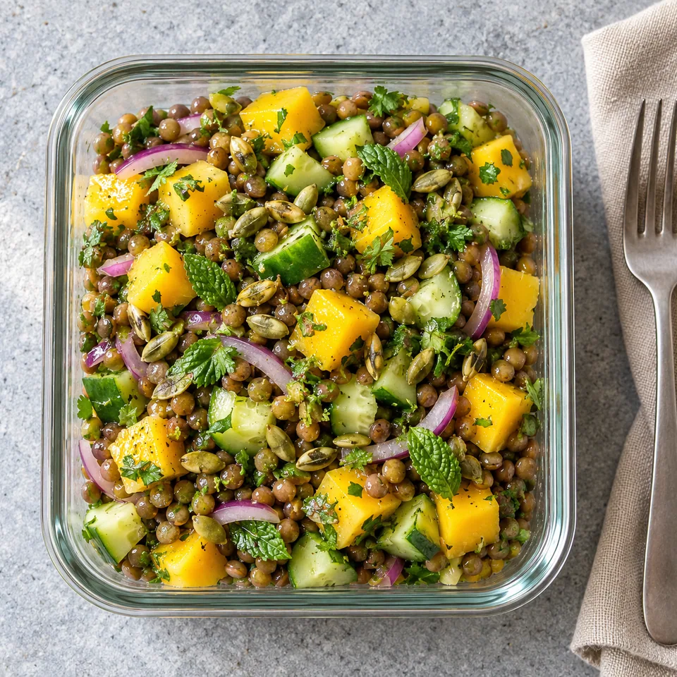 Salade indienne de lentilles, mangue et concombre dans un contenant en verre, vue de dessus.