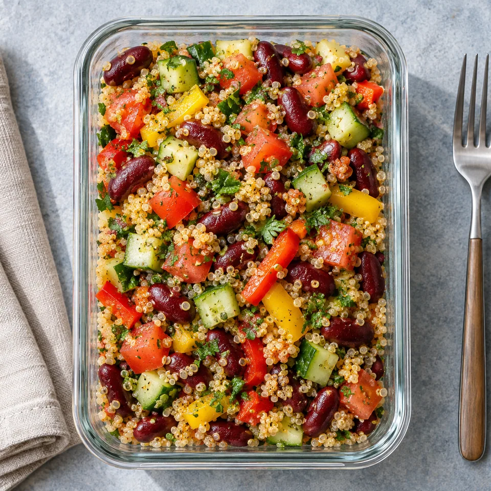 Salade ivoirienne de quinoa aux haricots rouges dans un contenant en verre, avec légumes colorés et herbes.