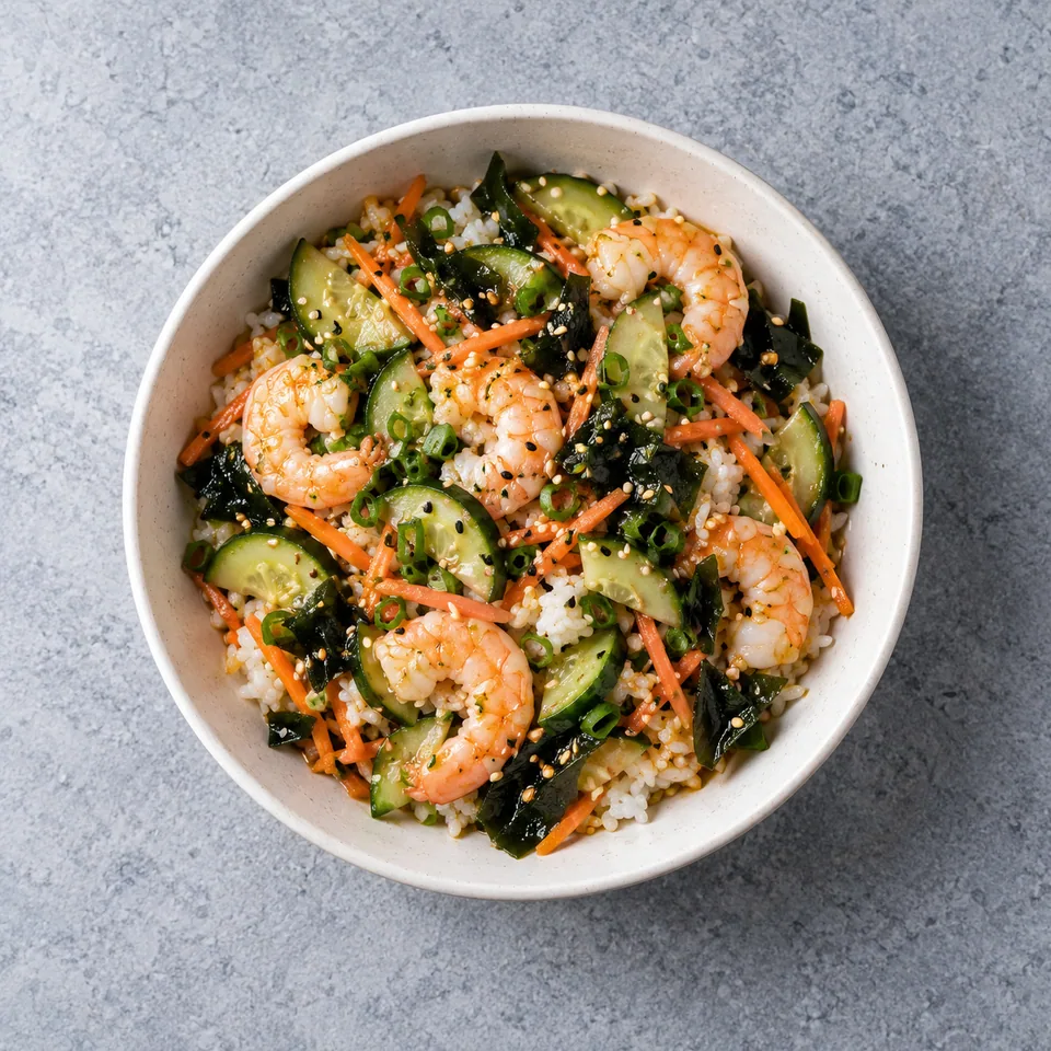 Salade japonaise au concombre et crevettes, avec riz, légumes, wakamé et graines de sésame dans un bol.