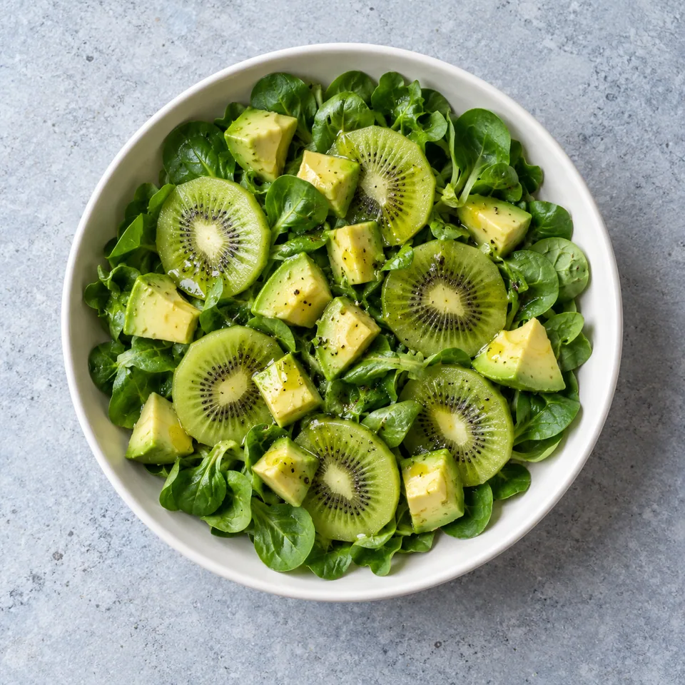 Salade kiwi-avocat : mâche, dés d'avocat et rondelles de kiwi dans un bol.