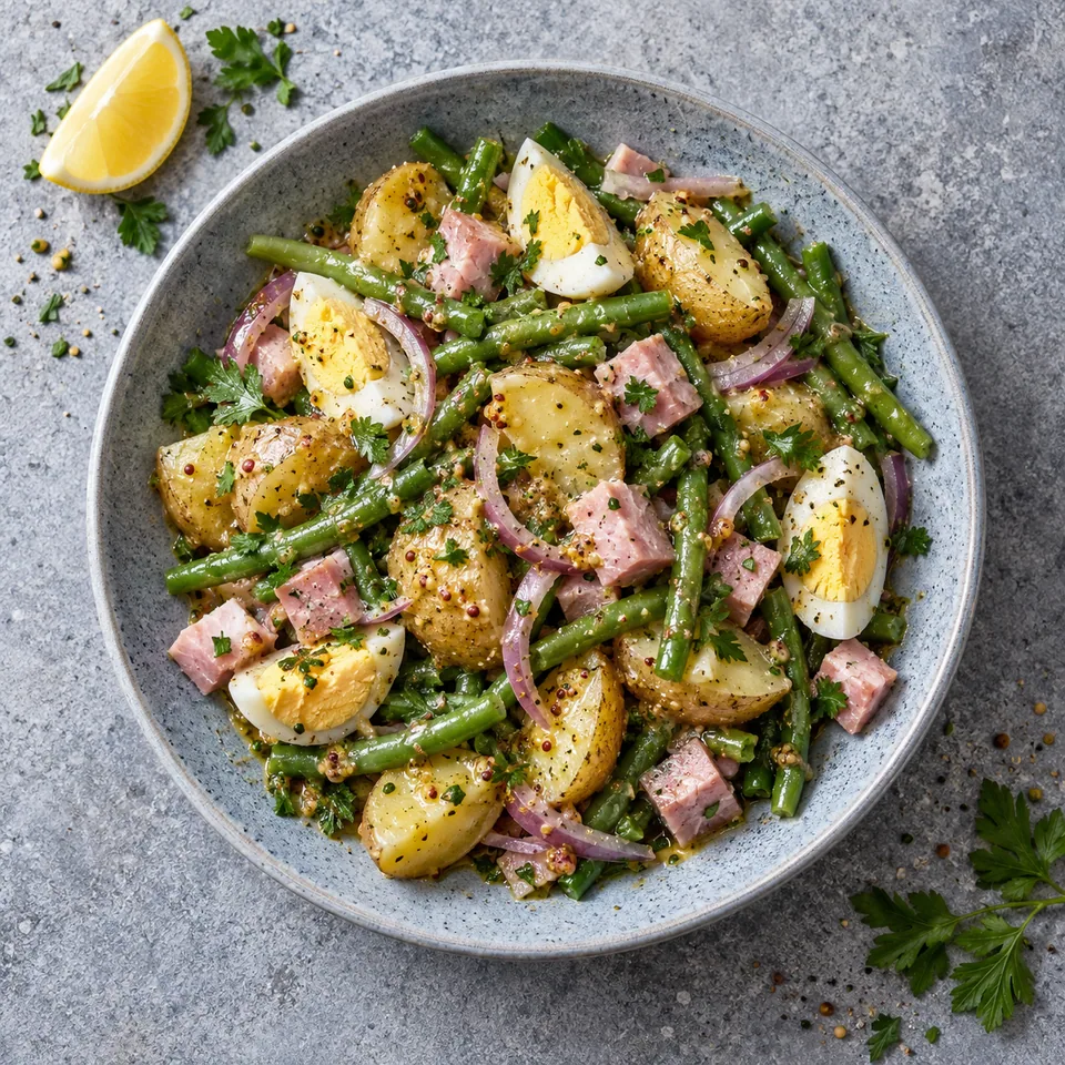 Salade liégeoise tiède au jambon dans une assiette creuse bleu-gris : pommes de terre, haricots verts, œufs et jambon nappés de sauce moutarde.
