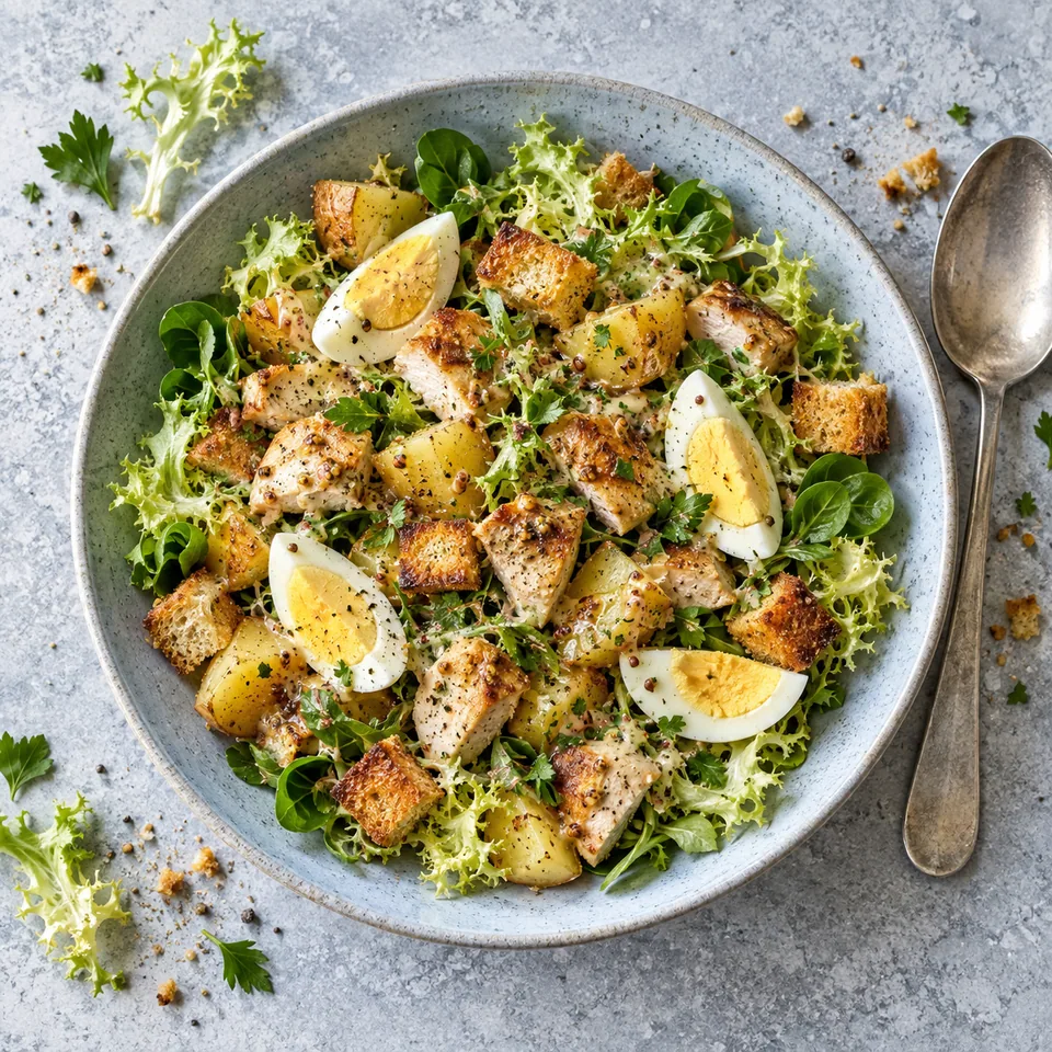 Salade lyonnaise à la dinde et œuf dur dans une assiette creuse en grès bleu-gris pâle, avec croûtons dorés et sauce moutarde.