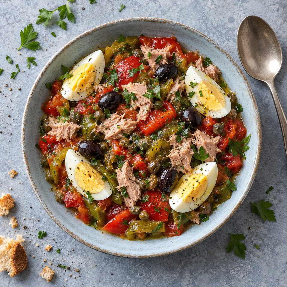 Salade méchouia au thon et œuf dur dans une assiette bleue, avec légumes, olives et œuf coupé en quartiers.