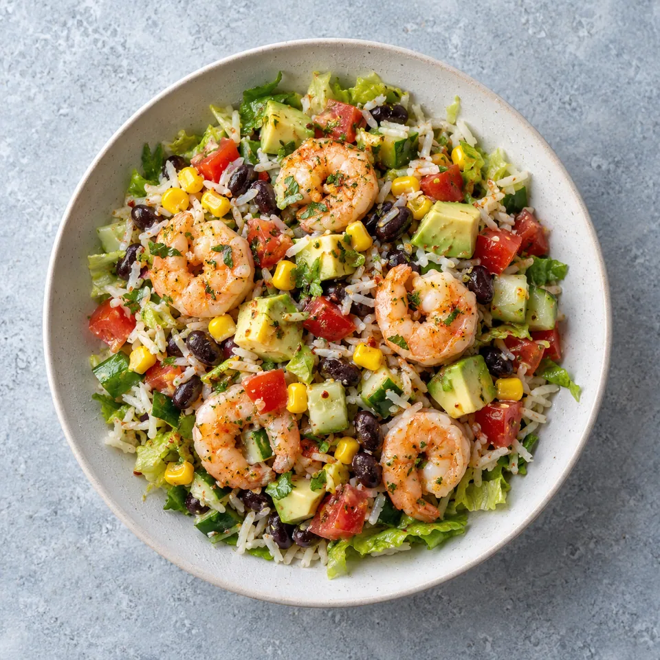 Salade mexicaine aux crevettes et au riz, avec crevettes, riz, haricots noirs, maïs et dés de légumes colorés.