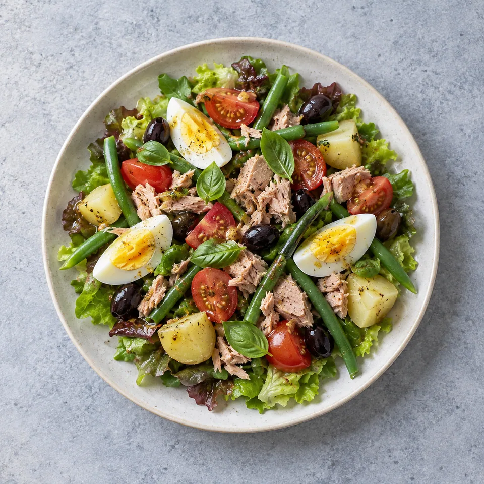 Salade niçoise au thon : légumes verts, tomates, thon émietté, quartiers d’œuf, olives noires et basilic.