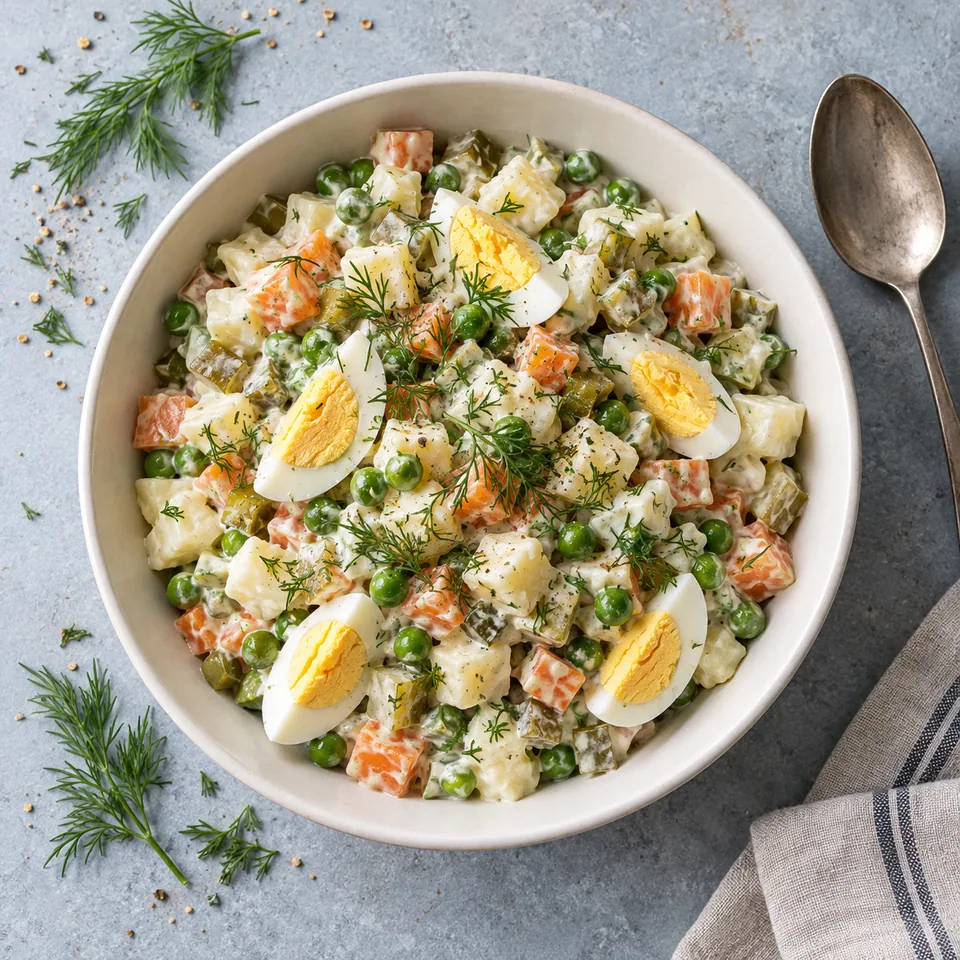 Salade Olivier aux œufs durs dans un bol blanc cassé, vue de dessus, avec dés de légumes et œufs durs.