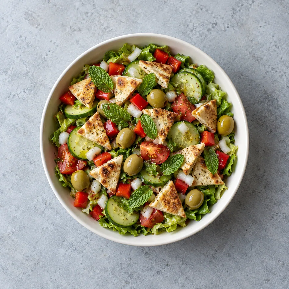 Salade orientale au pain pita dans un bol, avec légumes coupés, olives et menthe.