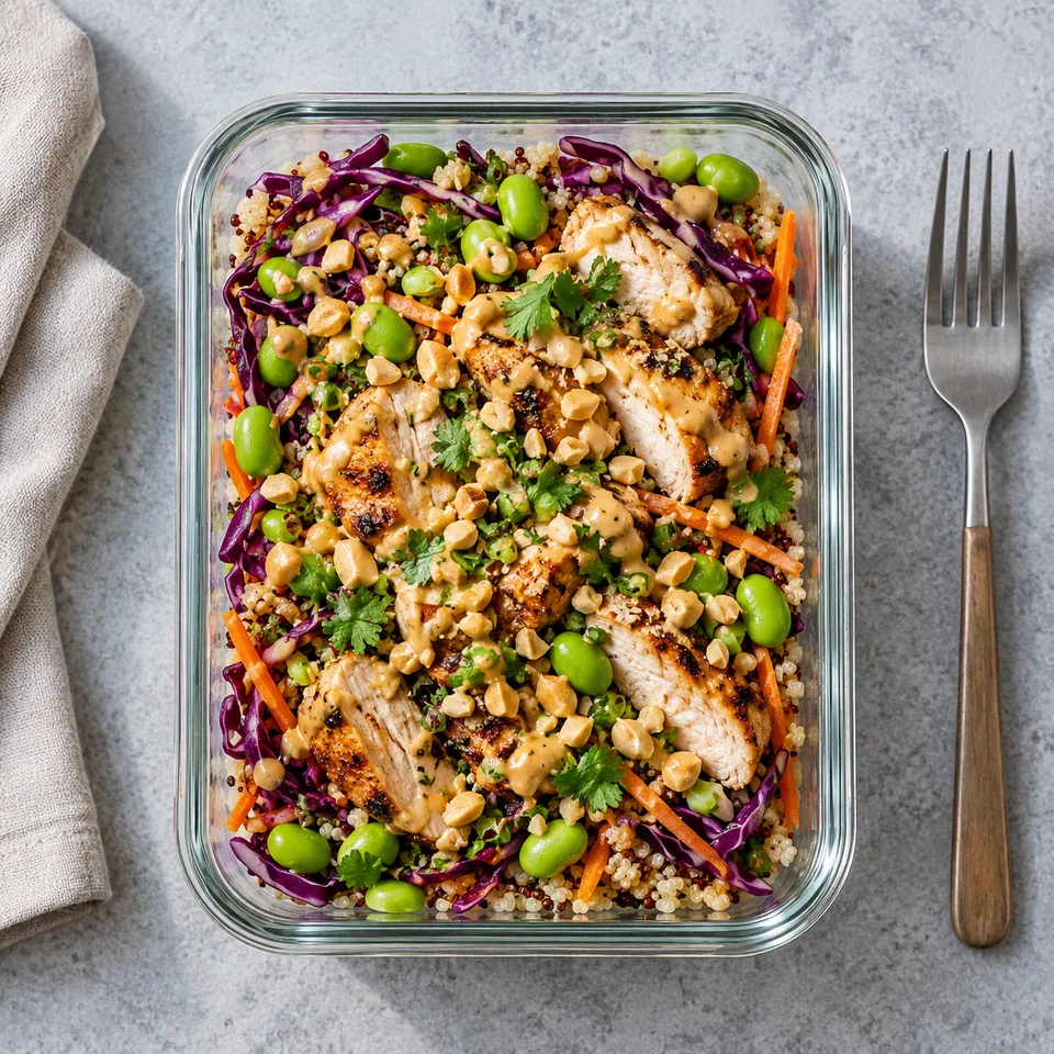 Salade-repas chou rouge, edamame et poulet, sauce cacahuète dans un contenant en verre.