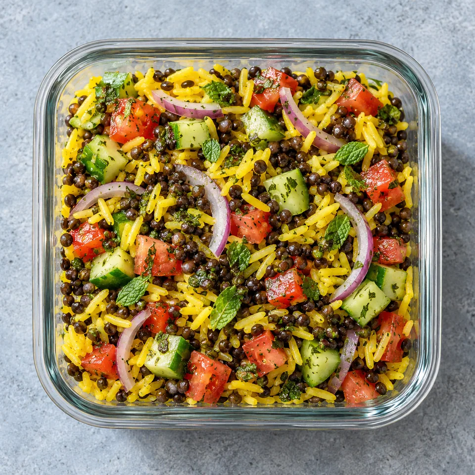 Salade shirazi aux lentilles et riz safrané dans une boîte en verre, avec lentilles noires, riz doré, dés de tomate et concombre.