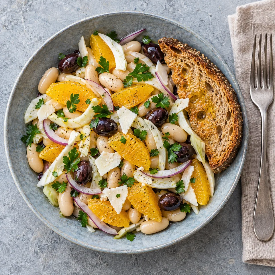 Salade sicilienne de haricots blancs avec orange, fenouil, olives et pain grillé dans une assiette creuse bleu-gris.