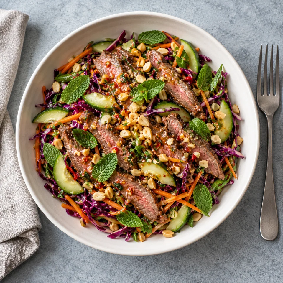 Salade thaïe au bœuf, concombre et menthe dans un bol blanc cassé, garnie de cacahuètes.