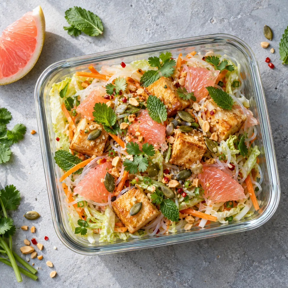 Salade thaïe de pomelo et tofu doré : vermicelles, légumes râpés, tofu doré et herbes dans un contenant en verre.