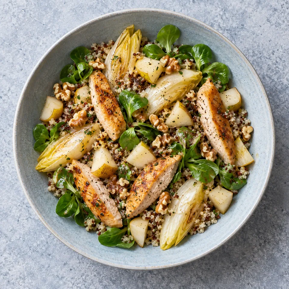 Salade tiède d’endives, poire et poulet servie dans une assiette creuse en grès bleu-gris pâle, garnie de noix.